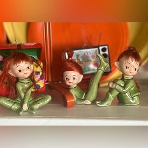 Japan Napco Green Ceramic Pixie Figurine Set